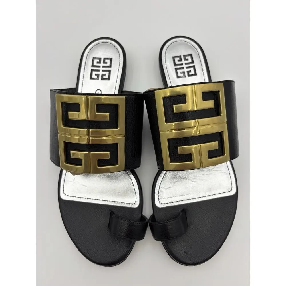 Authentic Givenchy Toe Ring Flat Sandal Black Leather Gold Logo Size 37.5 / 7 - Picture 4 of 12